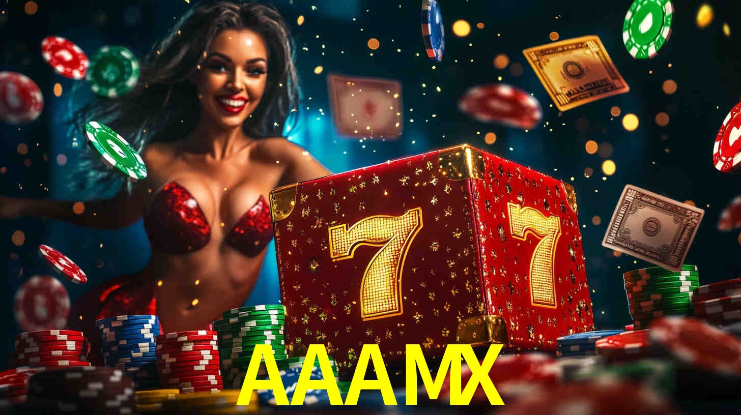 Una escena digital vívida inspirada en casino con AAAMX mostrado prominentemente, luces brillantes, fichas, cartas y acentos dorados.