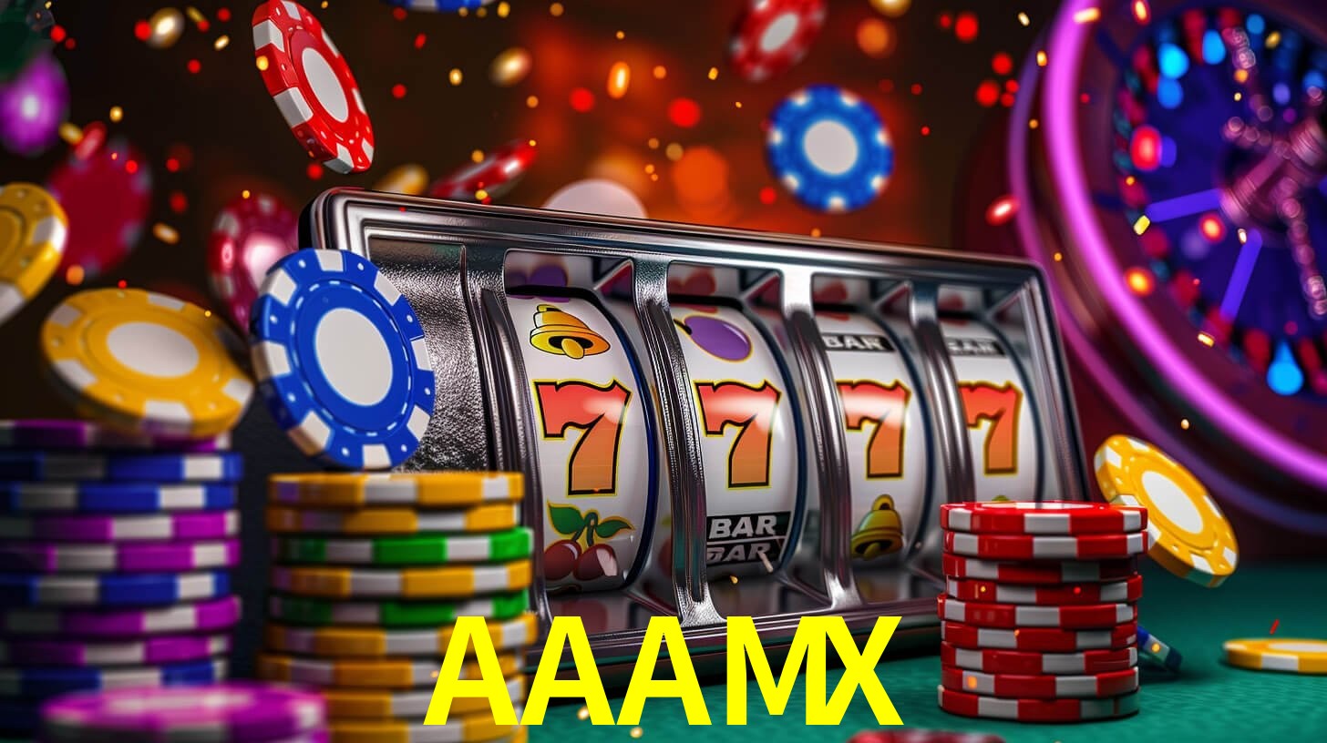 Escena dinámica inspirada en casino con iluminación AAAMX, cartas, fichas e íconos de juegos digitales en un espacio moderno de juegos.
