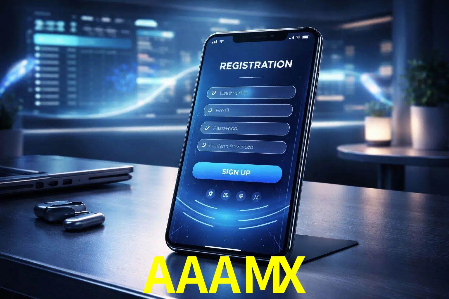 Una interfaz moderna de registro móvil para AAAMX mostrada en un smartphone con un panel de apuestas elegante.